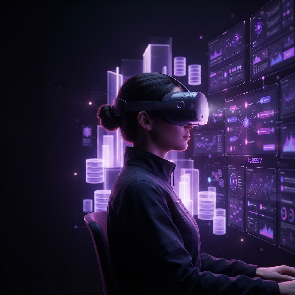Analyst exploring holographic data dashboards through an AR headset